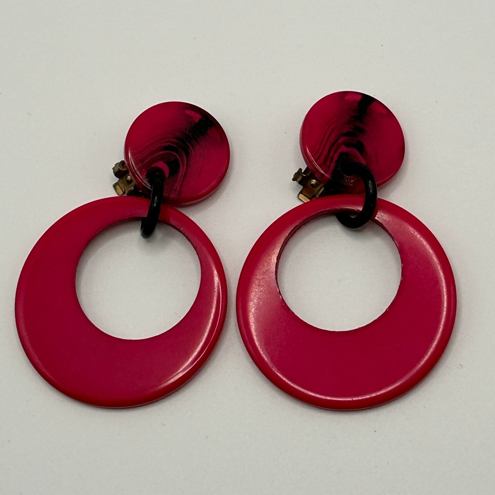 Vintage 80s Hot Pink Resin Geometric Hoop Clip On Statement Earrings